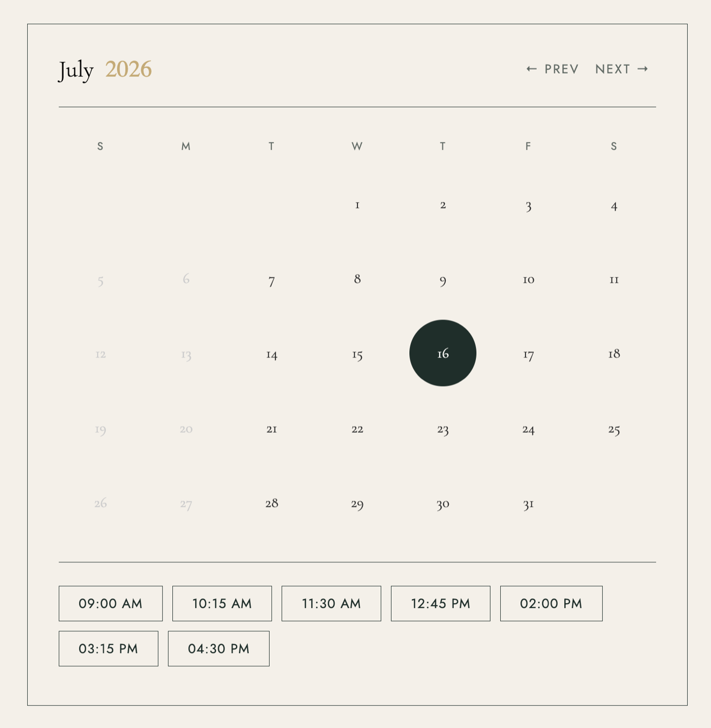 Booking calendar — date and time selection