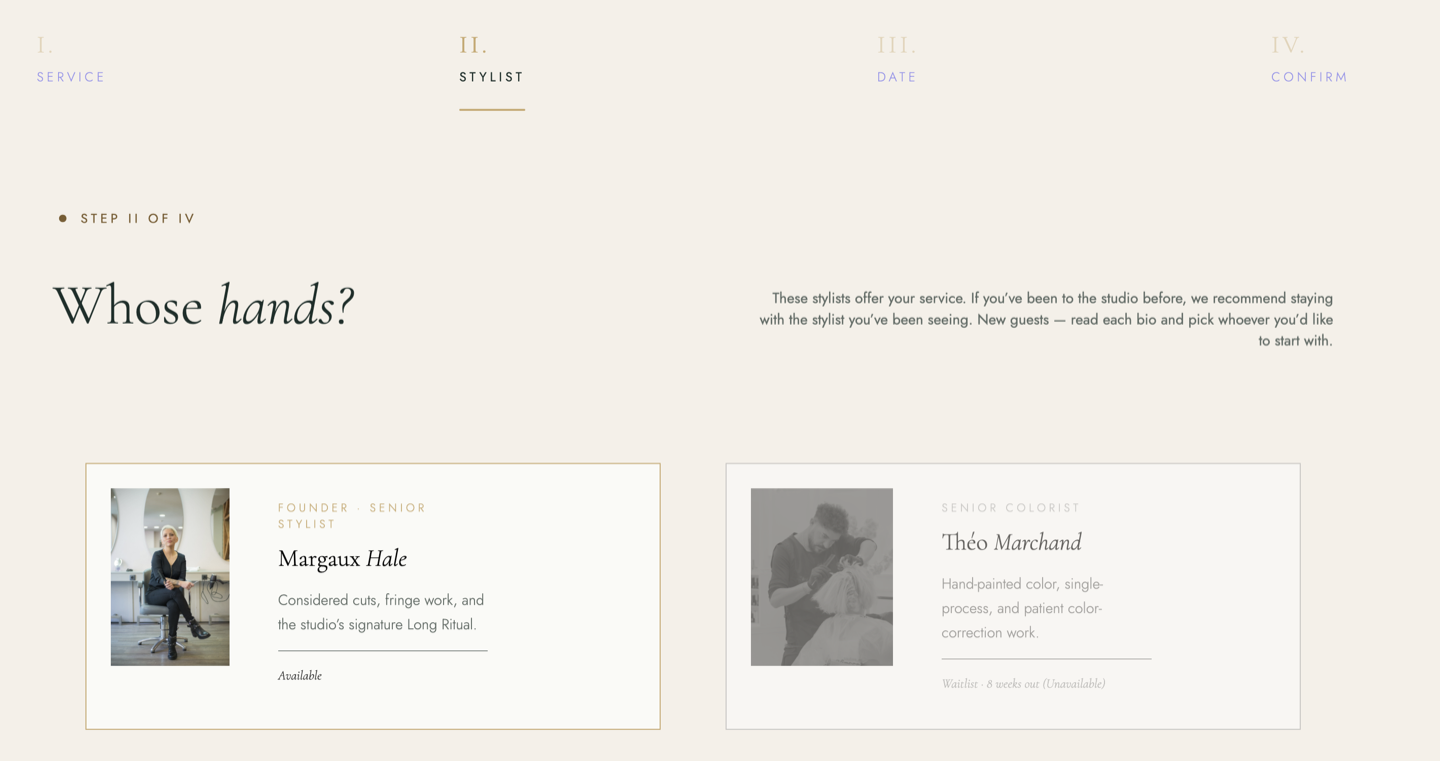 Stylist selection filtered by service