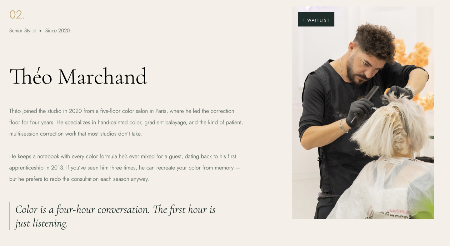 Stylist profile card with photo and bio