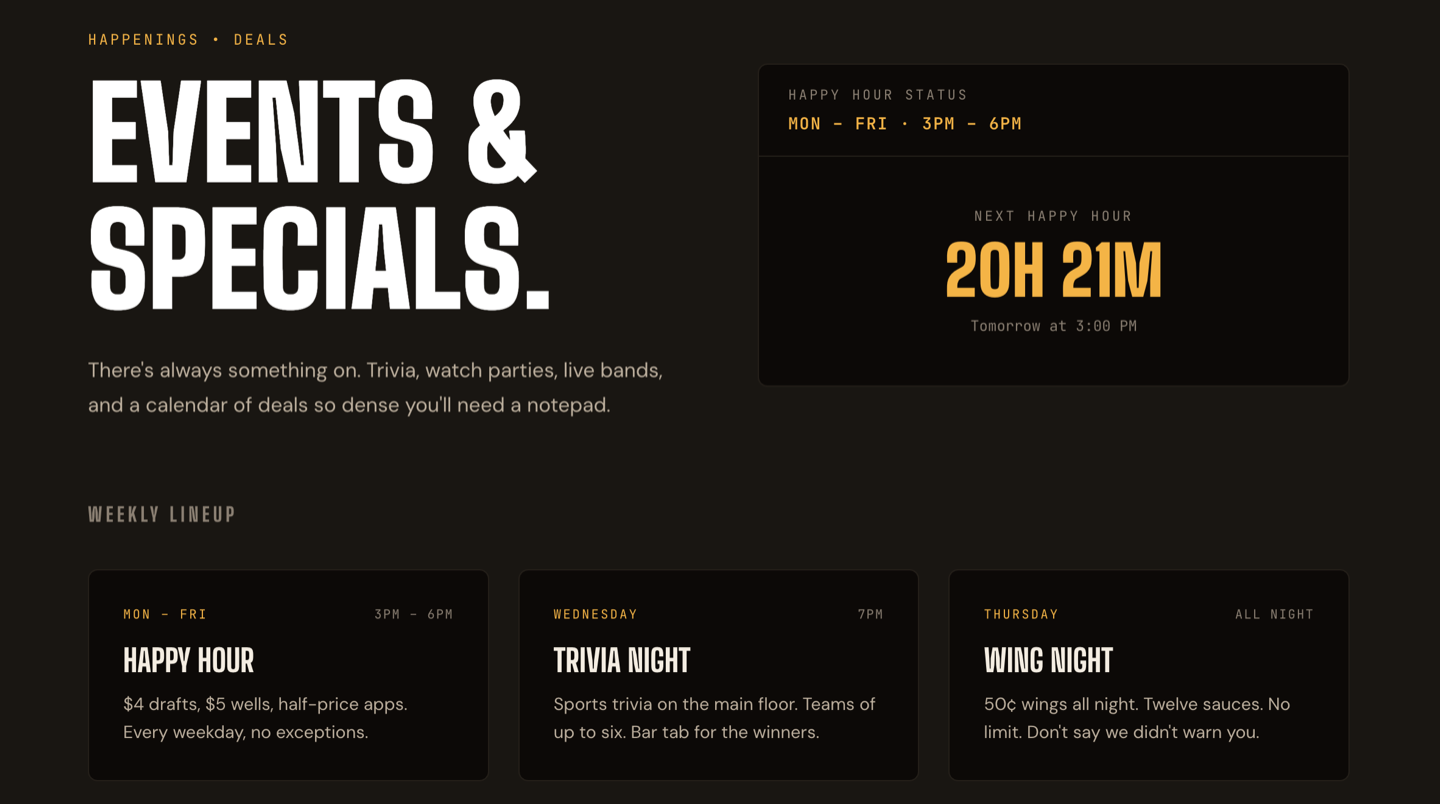 Happy hour countdown and weekly events calendar