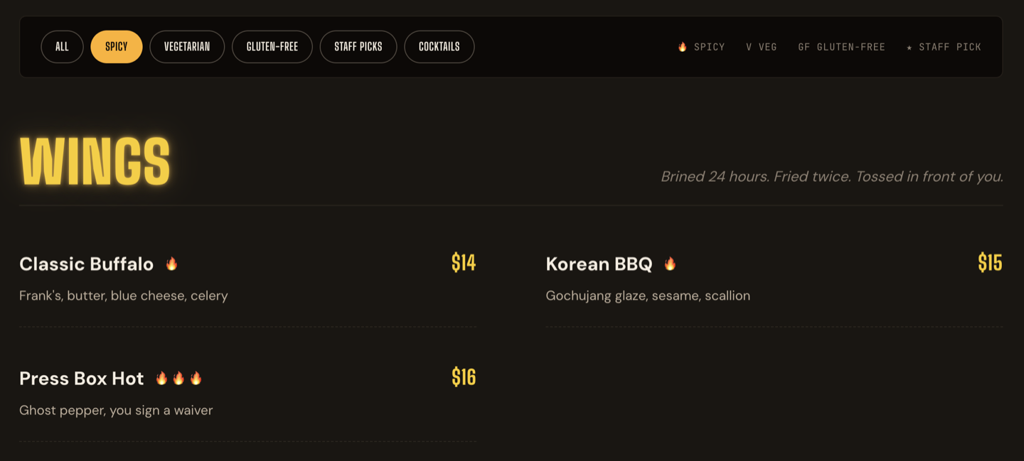 Menu with category filters and sorting