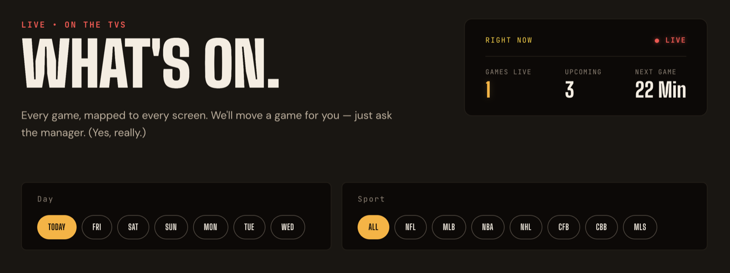 Live scores board - seven leagues, game times, and day filter