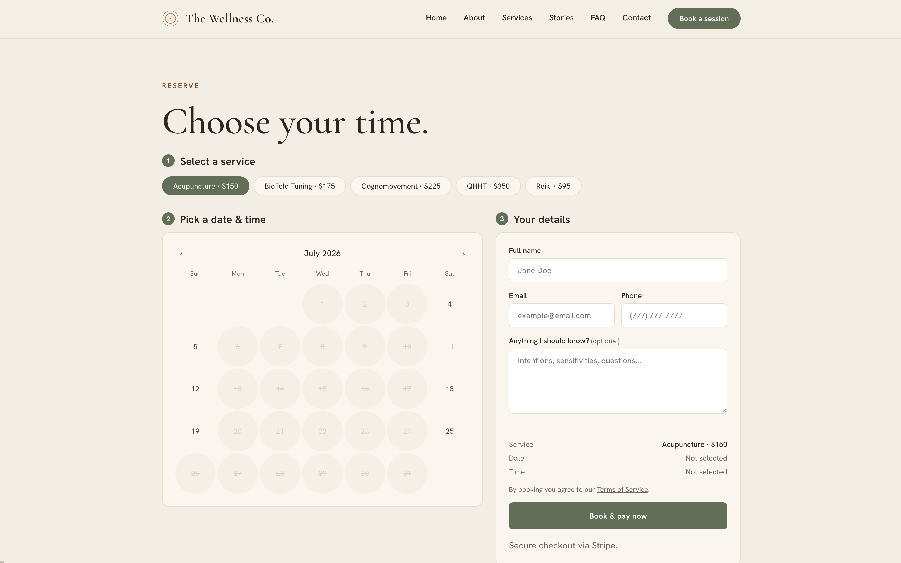 Booking page