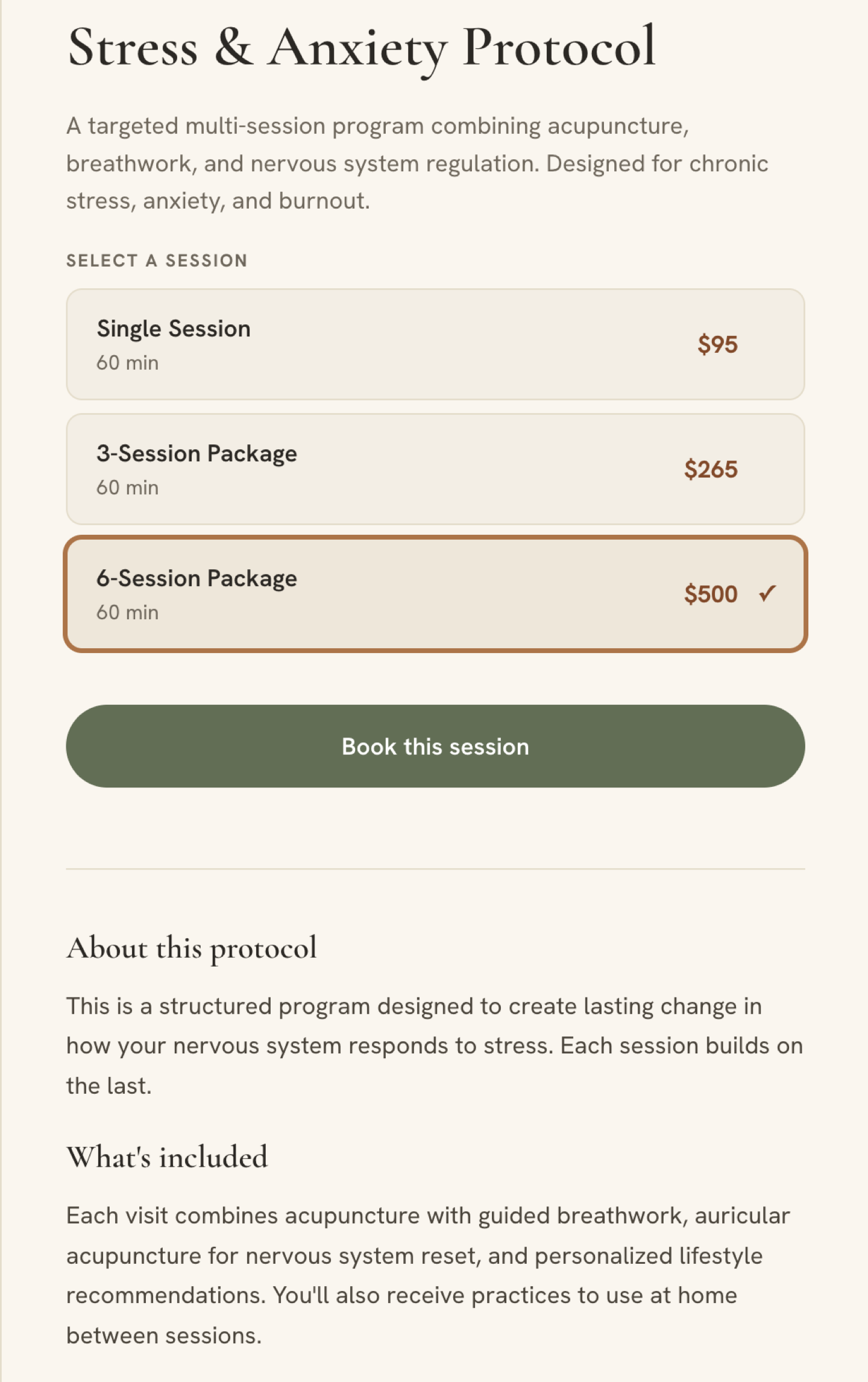 Service selection page with variants and educational content