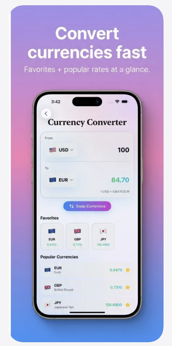 Convert currencies fast — favorites and popular rates at a glance